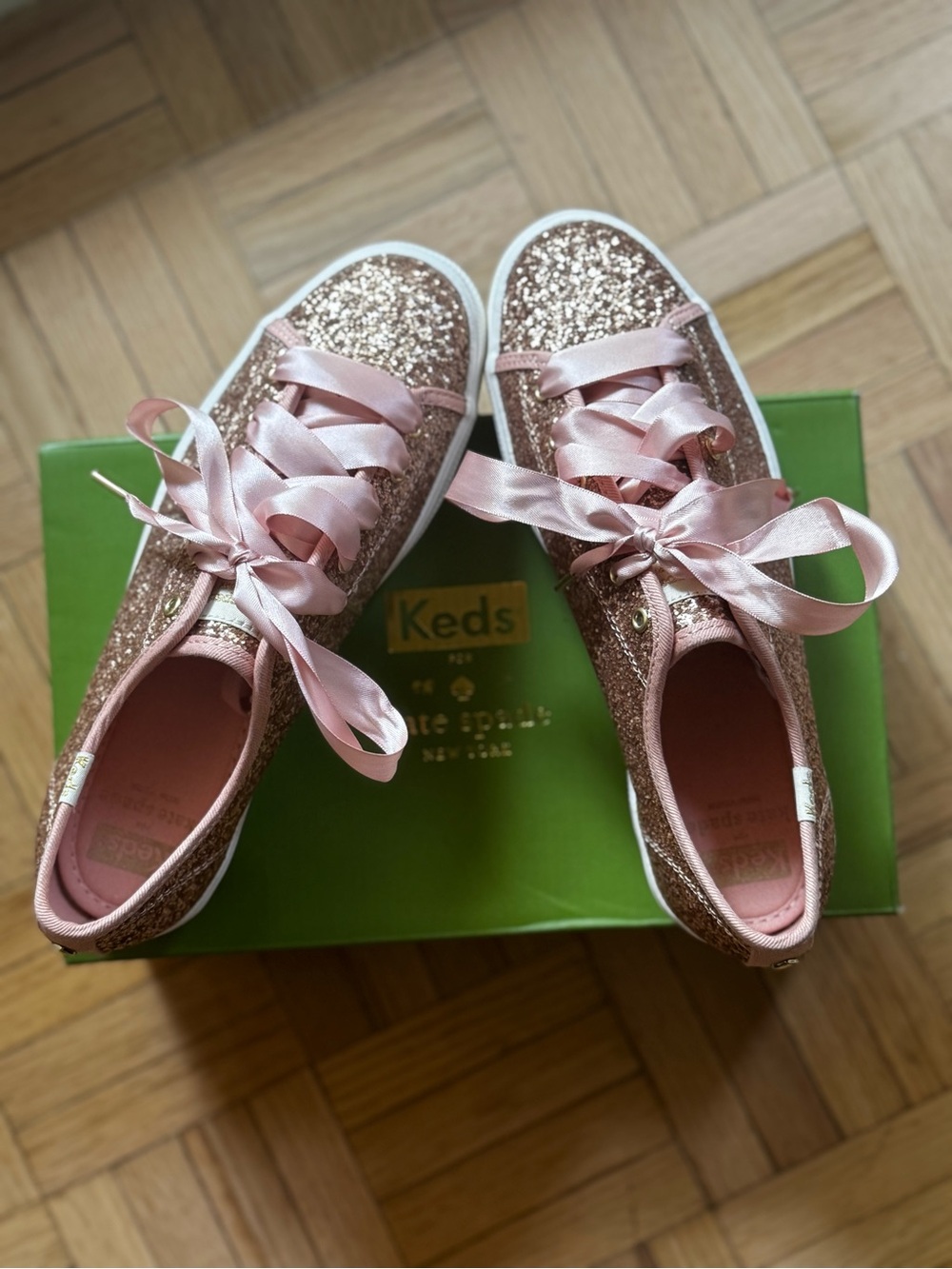 Kate Spade x Keds Rose Gold Glitter Platform Sneakers Satin Ribbon Laces Size 7